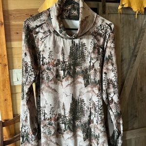Copper Sky hand made turtleneck . Xl has deer , foxes , evergreen and mountains.